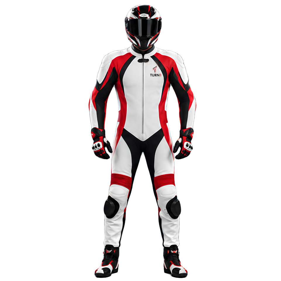 Leather Motorcycle Racing Suit with Shoulder & Knee Protection – Red, White & Black