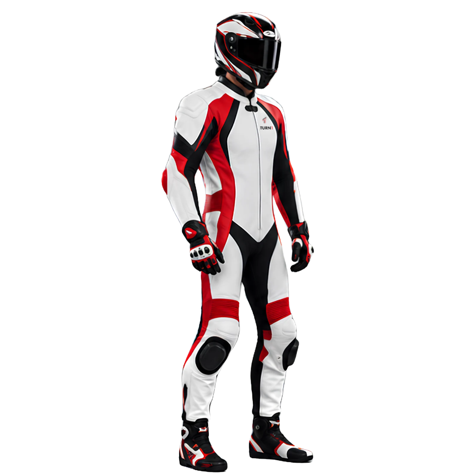 Leather Motorcycle Racing Suit with Shoulder & Knee Protection – Red, White & Black