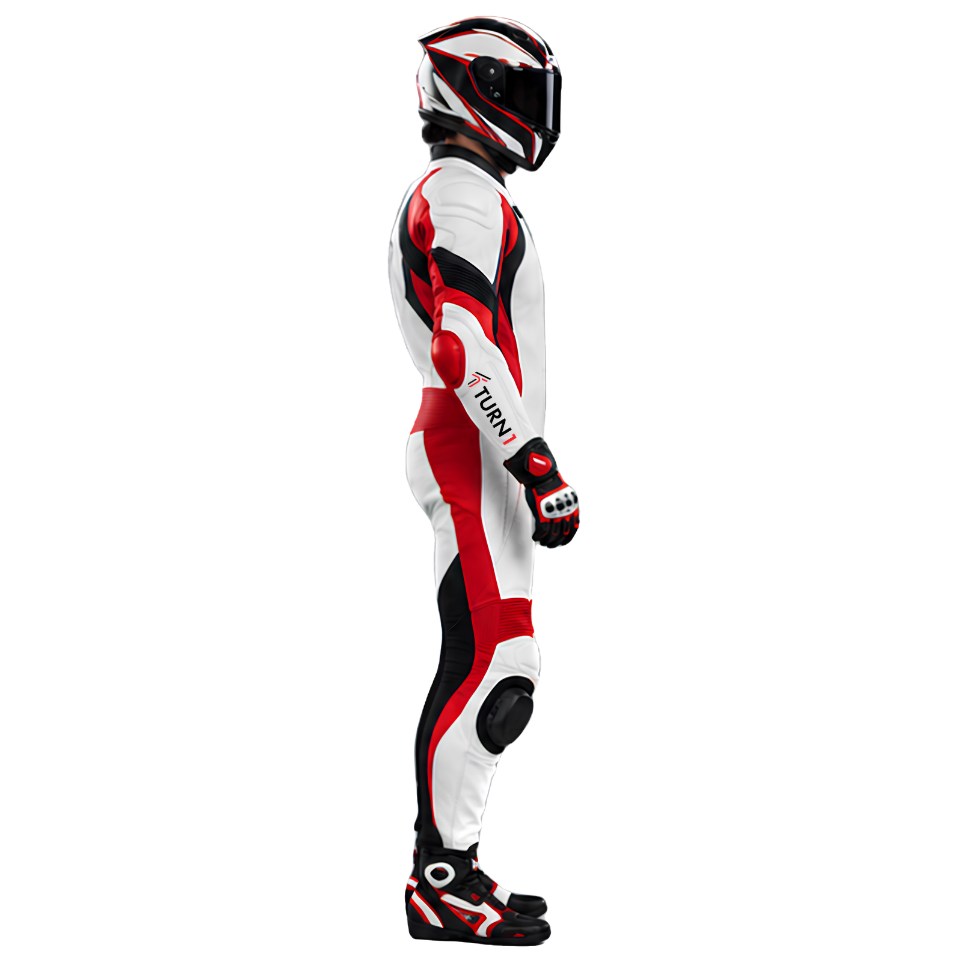 Leather Motorcycle Racing Suit with Shoulder & Knee Protection – Red, White & Black
