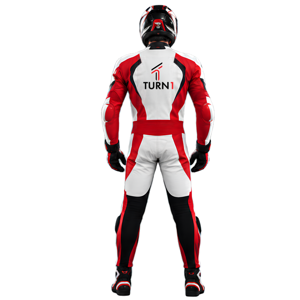 Leather Motorcycle Racing Suit with Shoulder & Knee Protection – Red, White & Black