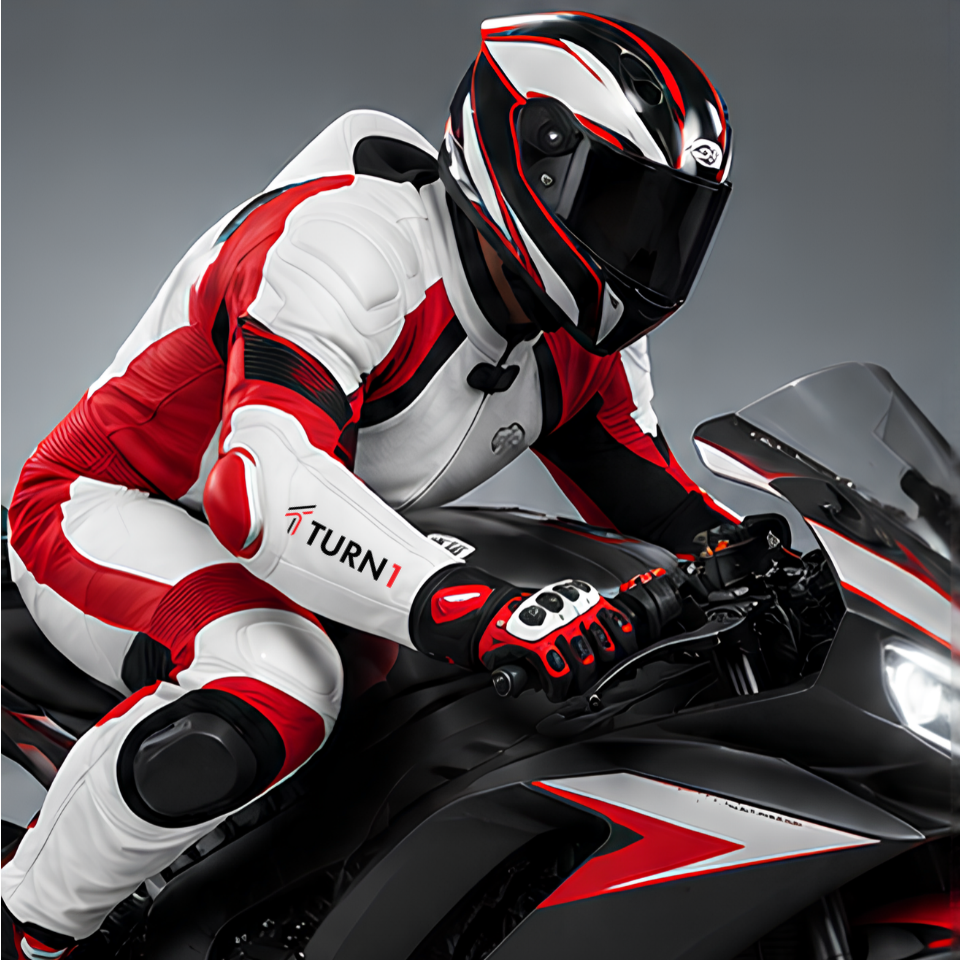 Leather Motorcycle Racing Suit with Shoulder & Knee Protection – Red, White & Black