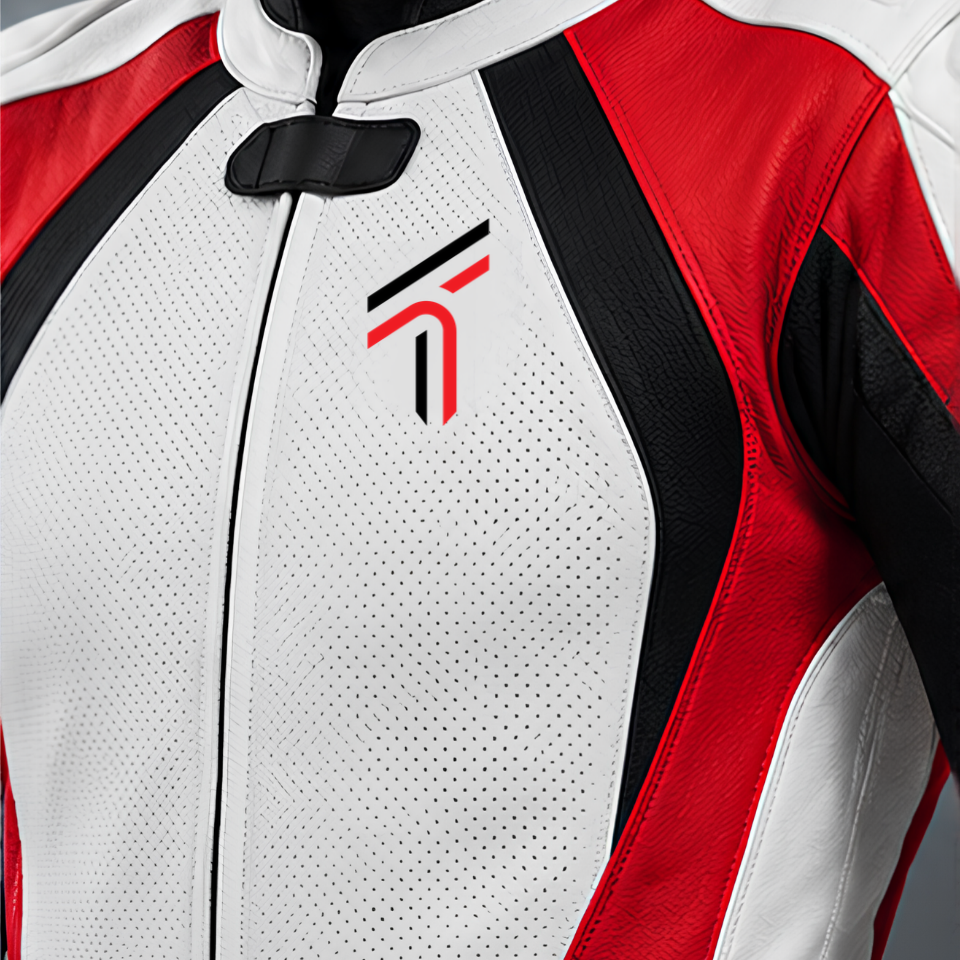 Leather Motorcycle Racing Suit with Shoulder & Knee Protection – Red, White & Black
