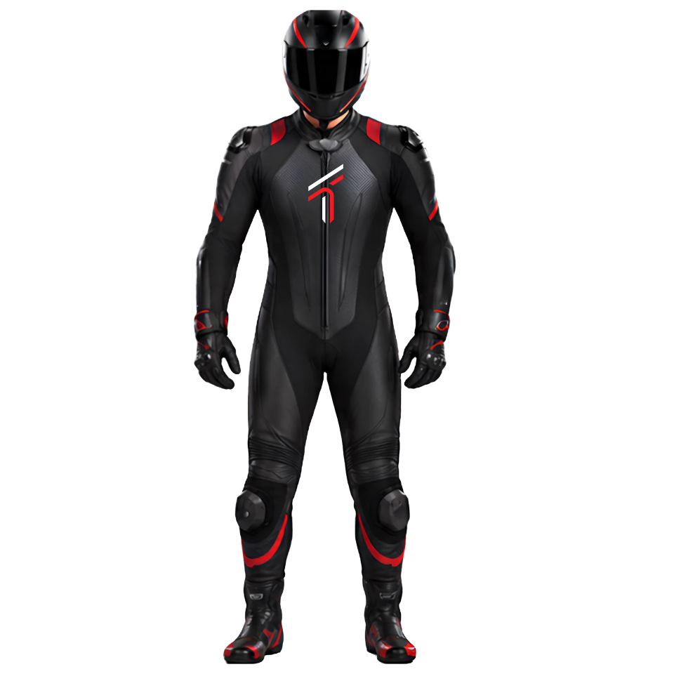 Leather Motorcycle Racing Suit with CE Armor & Knee Sliders – Black & Red