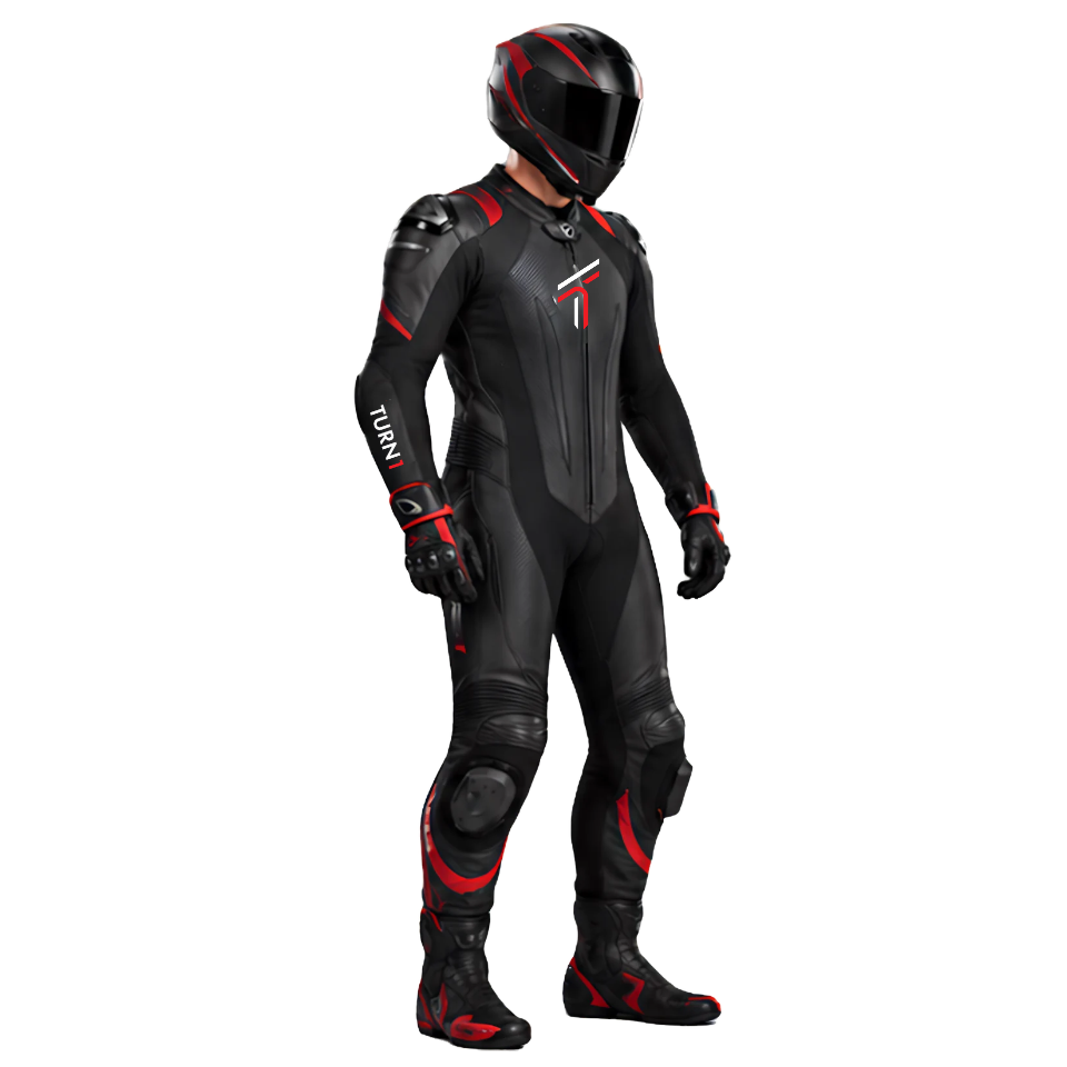 Leather Motorcycle Racing Suit with CE Armor & Knee Sliders – Black & Red