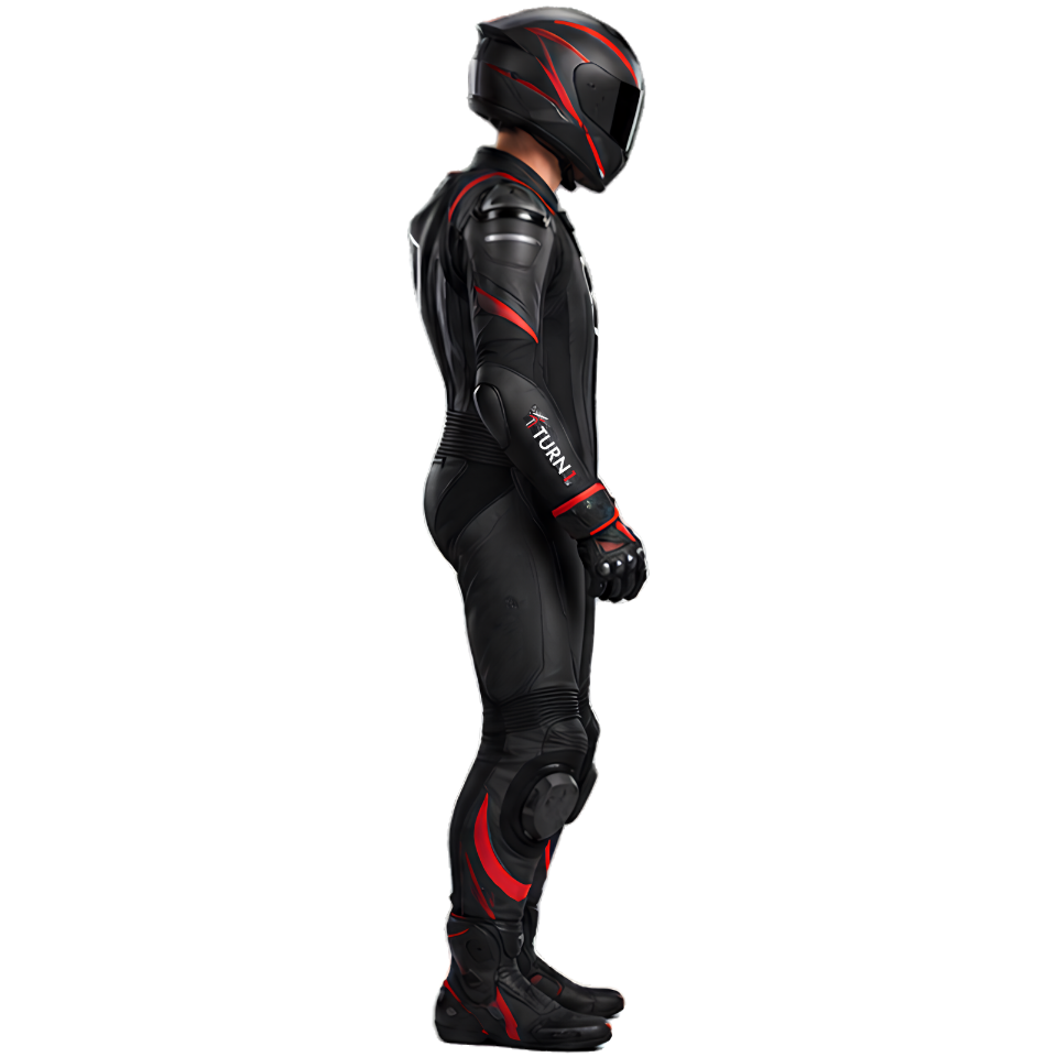 Leather Motorcycle Racing Suit with CE Armor & Knee Sliders – Black & Red