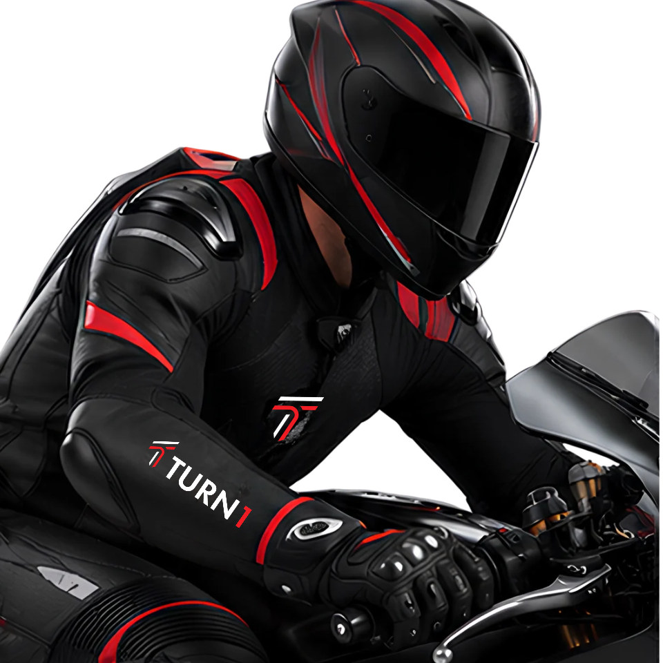 Leather Motorcycle Racing Suit with CE Armor & Knee Sliders – Black & Red