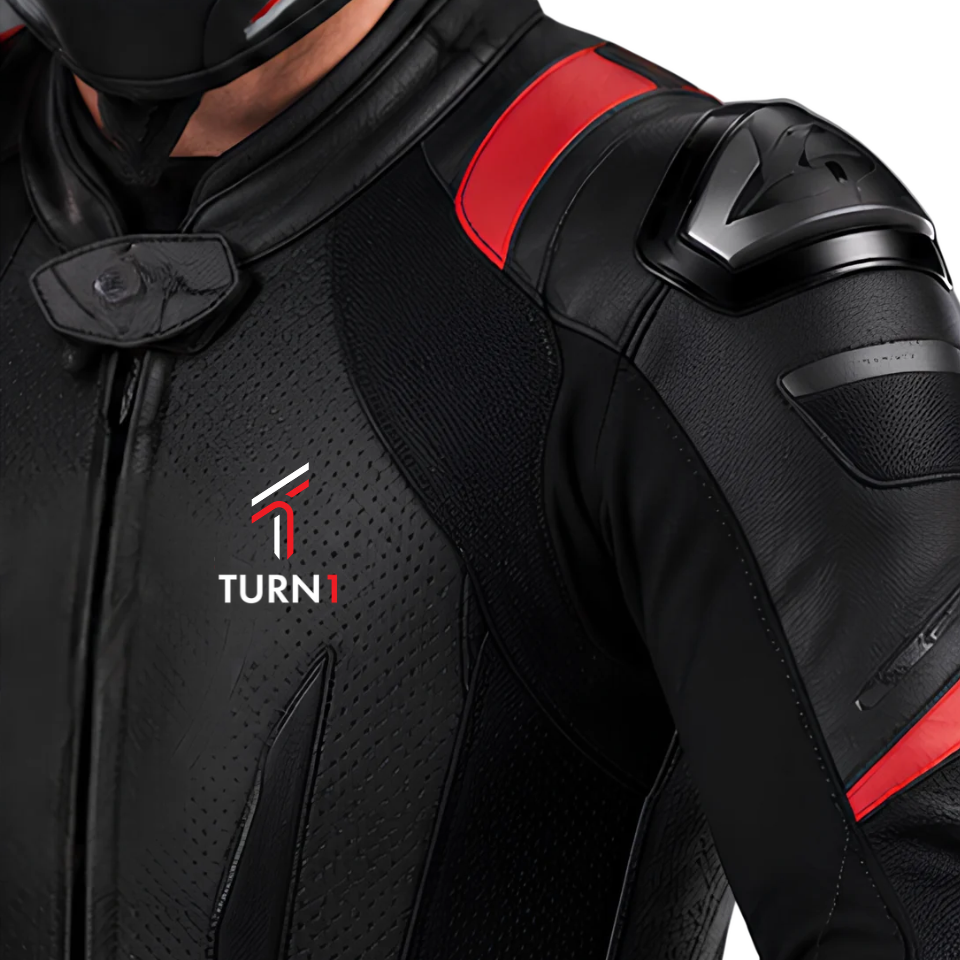 Leather Motorcycle Racing Suit with CE Armor & Knee Sliders – Black & Red
